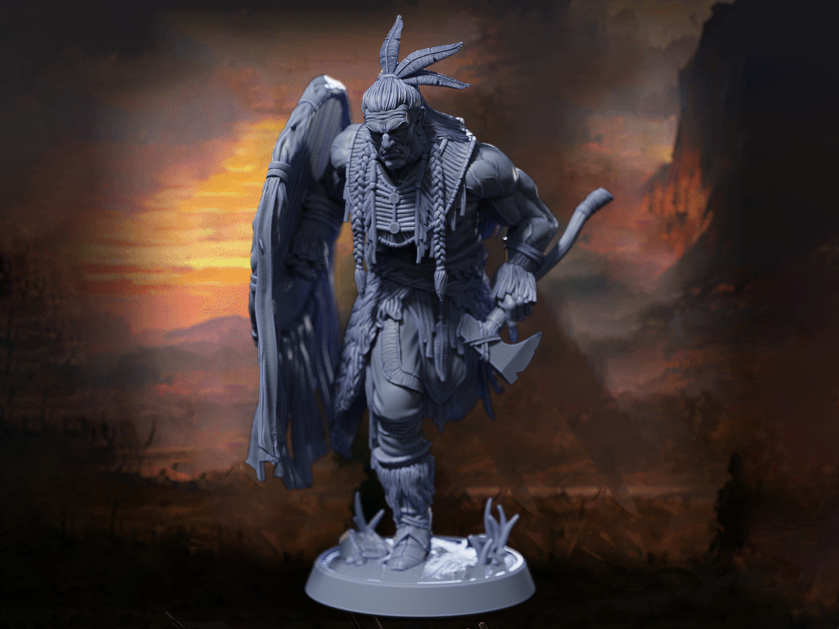 Winged Tomahawk Warrior Miniature | Arkhur 'Pale Death', Blood Upon The Ashlands | 32mm & 75mm Resin for DnD, Pathfinder