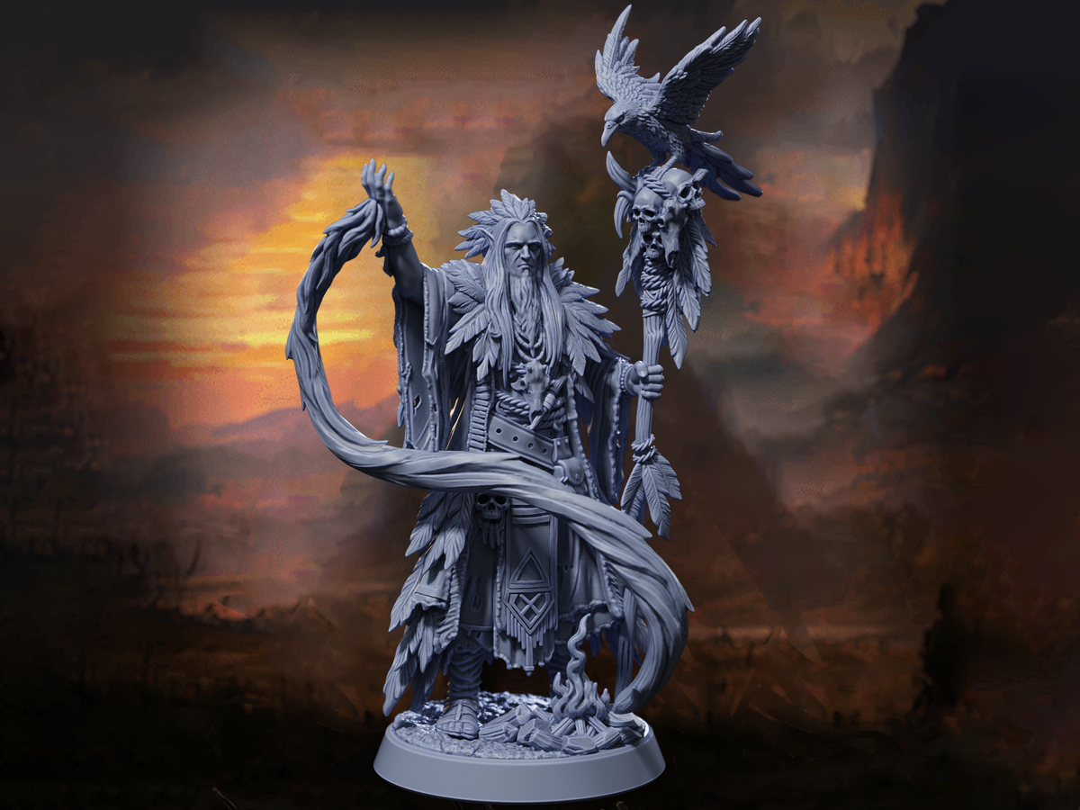 Raven Shaman Druid Miniature | Yatokah 'Night Crow', Blood Upon The Ashlands | 32mm & 75mm Resin for DnD, Pathfinder