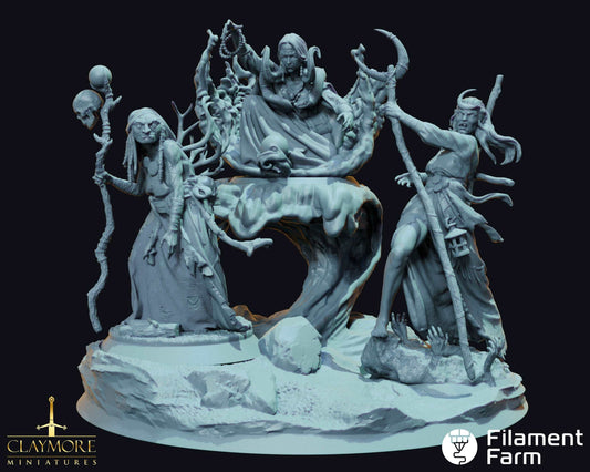 Hag Coven w/ Display Base - Whispers in the Swamp - Highly Detailed Resin 8k 3D Printed Miniature