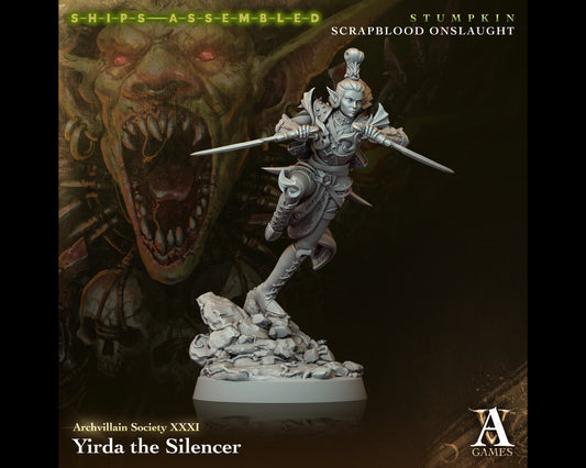 Yirda, The Silencer (Elf/Half-Elf Rogue/Fighter) - Scrapblood Onslaught - Highly Detailed Resin 8k 3D Printed Miniature