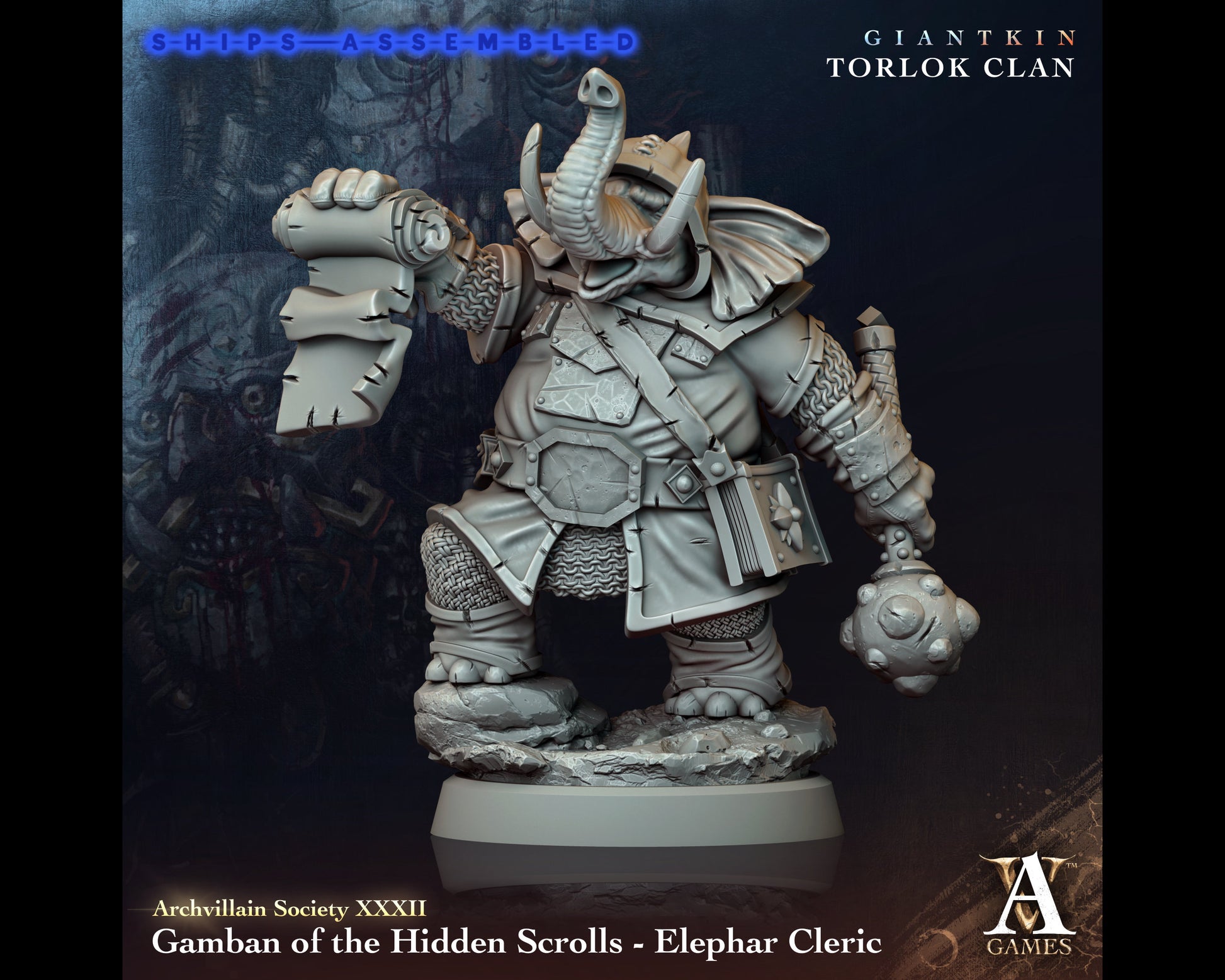 Gamban of the Hidden Scrolls - Elephar Cleric - Giant Kin, Torlock Clan- Highly Detailed Resin 8k 3D Printed Miniature