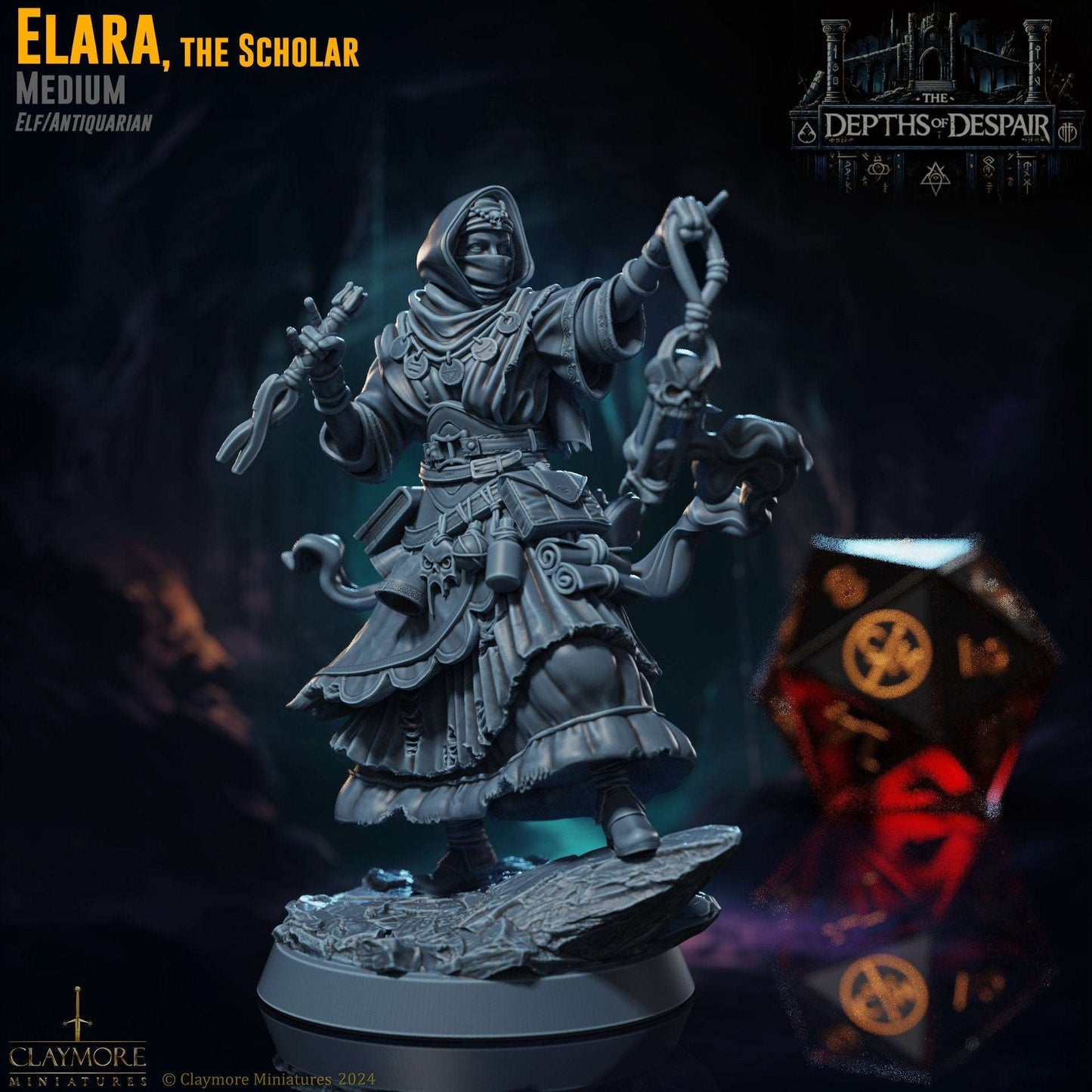 Elara, The Scholar - Humanoid Warlock/Wizard - Depths of Despair - Highly Detailed Resin 8k 3D Printed Miniature